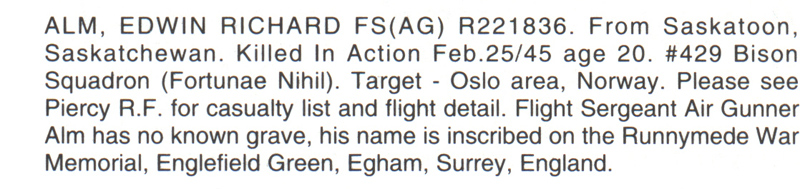 Edwin Richard Alm, Flight Segeant, record from the Memory Book - They shall grow not old